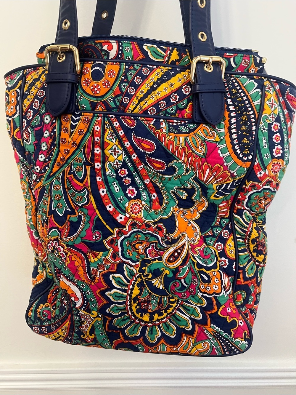 Colorful Paisley Tote Bag with Navy Trim New w out Tag - Picture 2 of 10